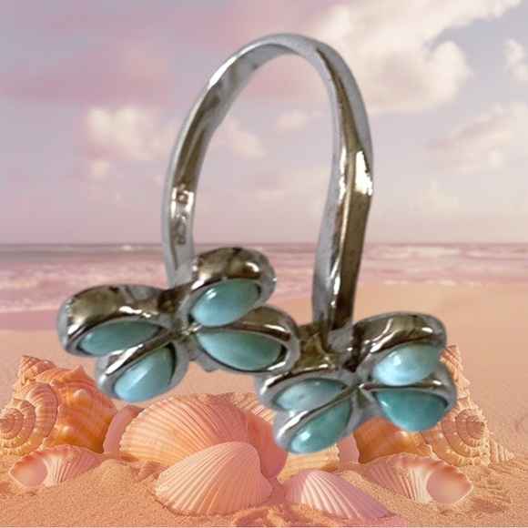 Sterling Silver Genuine Larimar Floral Ring, Size 6. - Picture 4 of 16